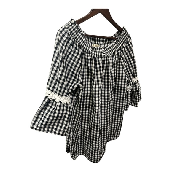 STUDIO WEST APPAREL BLACK AND WHITE GINGHAM SMOCKED FLARE LACE DETAIL SLEEVES - Picture 3 of 16